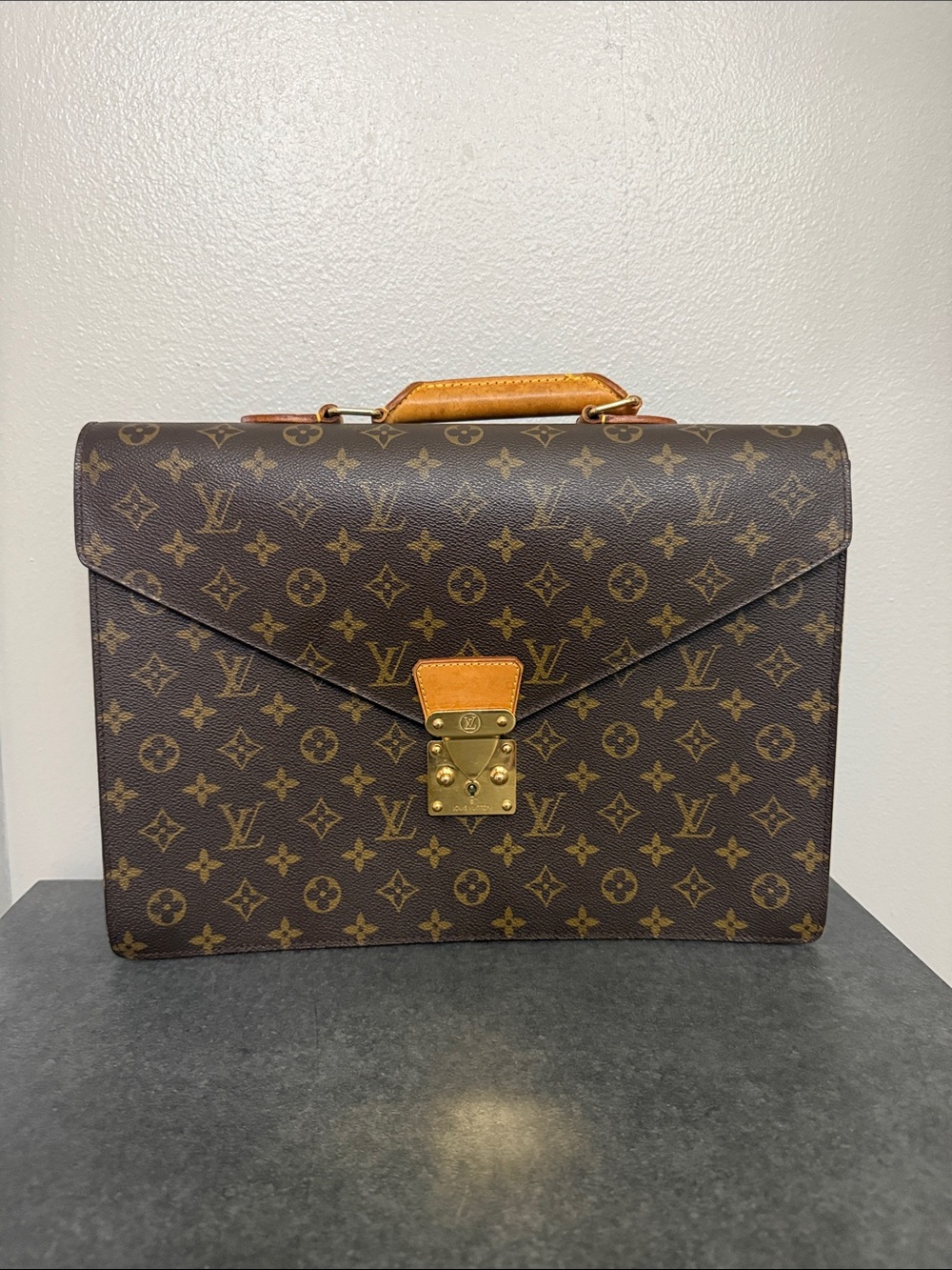 Louis Vuitton Monogram Canvas Briefcase with Tan Trim and Gold Hardware